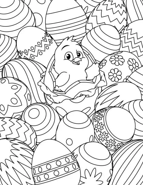 Vector illustration of Easter Chick Eggs Coloring Book Page Cartoon