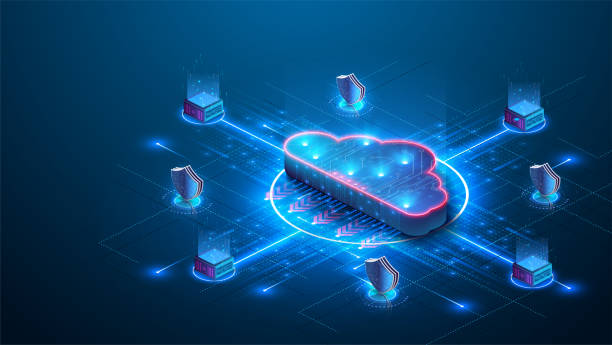 Cloud storage. A digital service or application that transfers data to a server or hosting service. Cloud storage. A digital service or application that transfers data to a server or hosting service. Data transfer protection and data center connection network. Web-based cloud. Vector illustration isometric cloud server stock illustrations