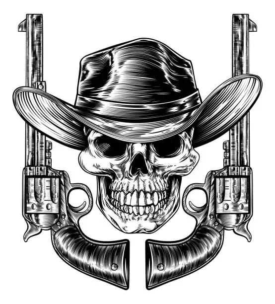 Vector illustration of Cowboy Hat Skull and Pistols