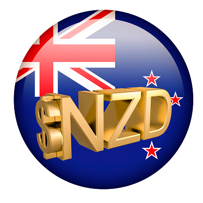 Gilded NZD dollar symbol against the background of the New Zealand flag. Finance concept. Rendering 3D. Isolated
