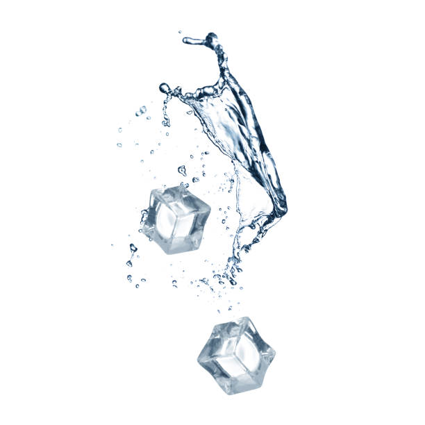Crystal clear ice cubes and splashing water on white background