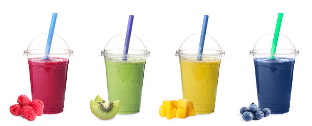 istock Set of different fresh tasty smoothies on white background. Banner design 1341256816
