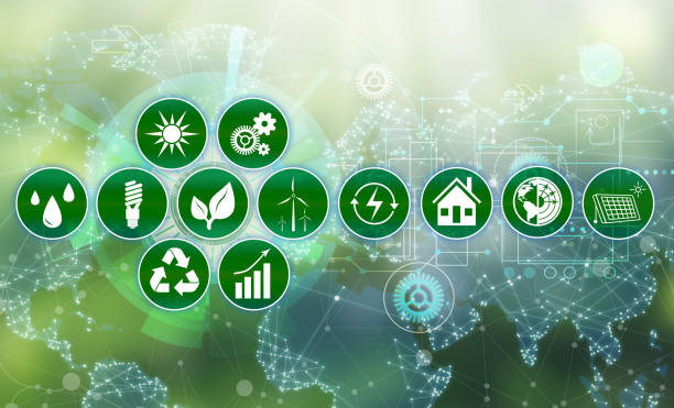 istock Energy efficiency concept. Different icons on green background 1341257675