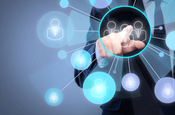 istock Man touching icon on virtual screen with structure of organization, closeup. Business corporation 1341257699