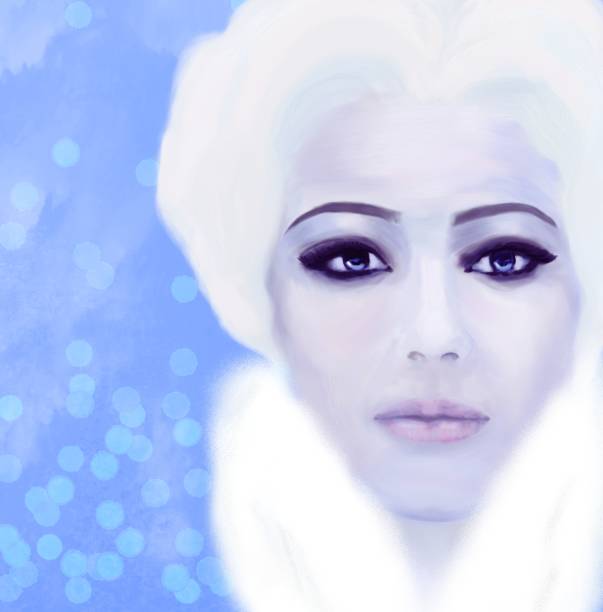 ilustraciones, imágenes clip art, dibujos animados e iconos de stock de retrato de una mujer de ojos azules y cabello rubio en colores fríos. cuello blanco y esponjoso. primer plano - ice maiden