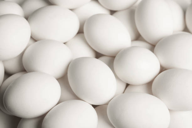 istock Fresh raw white chicken eggs as background, above view 1341259345