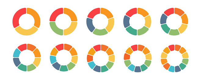 Pie charts diagrams. Set of different color circles isolated. Infographic element round shape. Vector illustration.