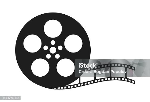 istock Film reel movie icon. Old retro reel with film strip on white background. 1341260145