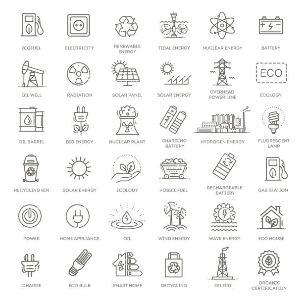 sammlung von vektorisierten symbolen im linearen stil zum thema elektrische energie. erneuerbare und nicht erneuerbare ressourcen - non rewnewable stock-grafiken, -clipart, -cartoons und -symbole