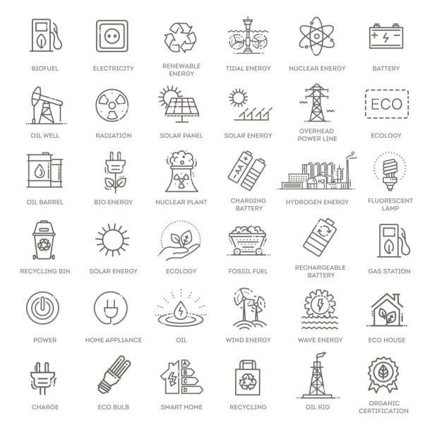 Collection of linear style vector icons on the theme of electric power. Renewable and non-renewable resources Renewable and non-renewable resources. Vector collection nonrenewable resources stock illustrations