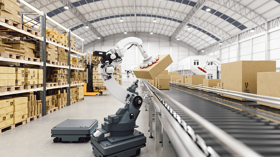 Automation with AGV and robotic arm in smart distribution warehouse.