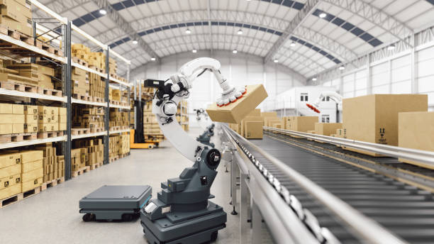 Automated Robot Carriers And Robotic Arm In Smart Distribution Warehouse Automation with AGV and robotic arm in smart distribution warehouse. robot arm stock pictures, royalty-free photos & images