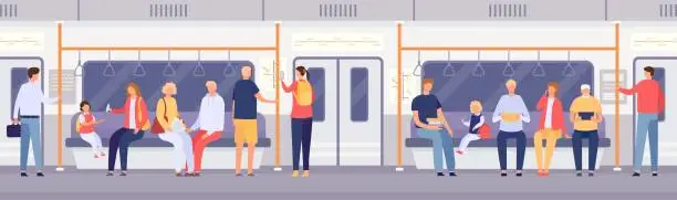 Vector illustration of Passenger crowd inside subway train or city bus. Cartoon people standing and sitting in public transport. Travel by metro car vector concept