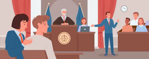 Vector illustration of Court judgment, law justice concept, advocate or prosecutor giving speech in courtroom