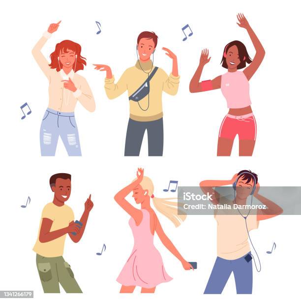 Ilustración de Dibujos Animados Jóvenes Felices Hombre Y Mujer Grupo De  Personajes Bailarines Escuchan Música Con