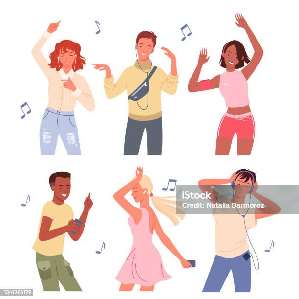 Ilustración de Dibujos Animados Jóvenes Felices Hombre Y Mujer Grupo De Personajes Bailarines Escuchan Música Con Ilustración de Dibujos Animados Jóvenes Felices Hombre Y Mujer Grupo De Personajes Bailarines Escuchan Música Con