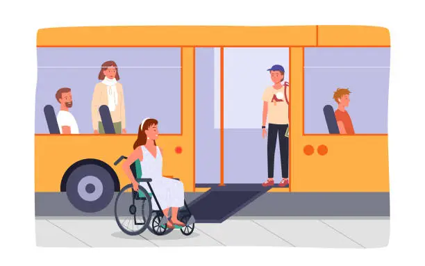 Vector illustration of Disabled girl in wheelchair at bus stop, bus with ramp for people with special needs