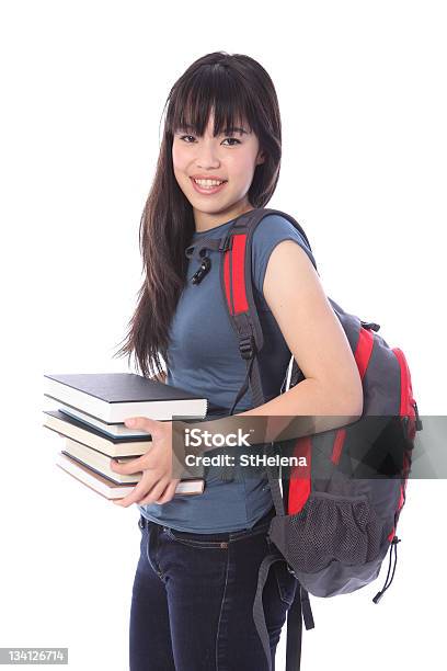 Ethnic College Student Girl With Education Books Stock Photo - Download Image Now - Asian and Indian Ethnicities, Backpack, Bangs - Hair