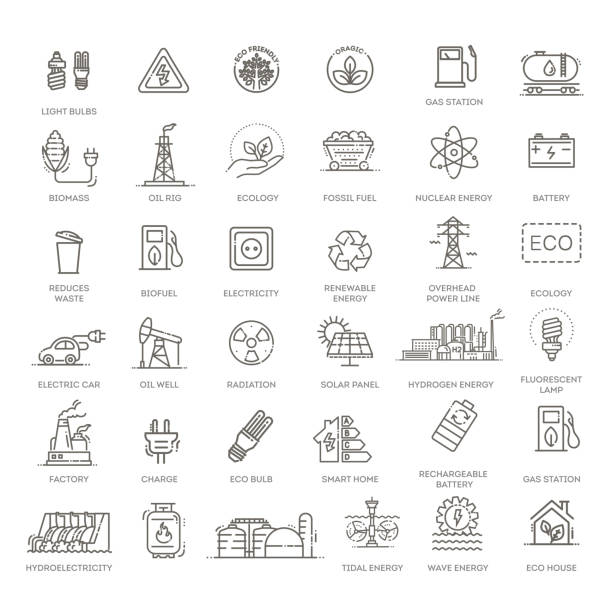 stockillustraties, clipart, cartoons en iconen met collection of linear style vector icons on the theme of electric power. renewable and non-renewable resources - gas