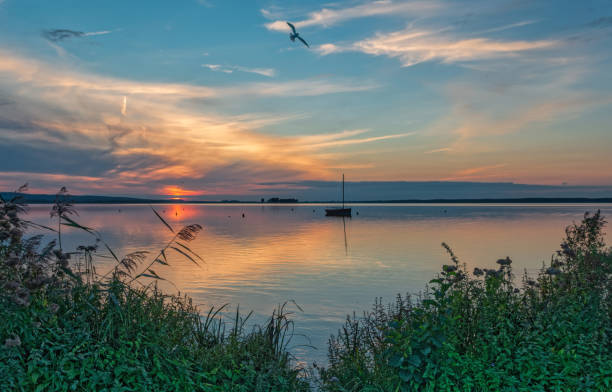 vista sul riflesso del bagliore sul lago steinhuder meer, bassa sassonia, germania - steinhuder meer foto e immagini stock