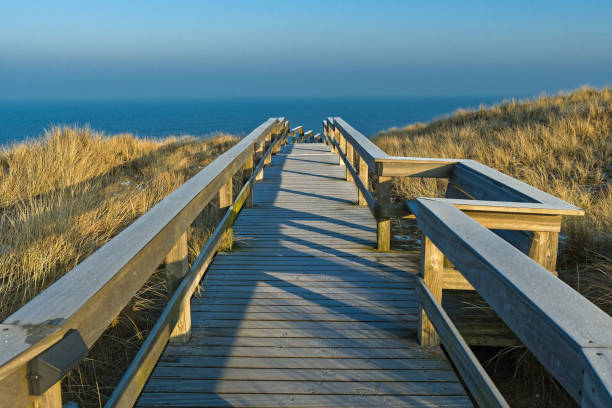 drewniana promenada nad wydmami na wybrzeżu wyspy sylt, niemiecki region morza północnego - beach boardwalk grass marram grass zdjęcia i obrazy z banku zdjęć