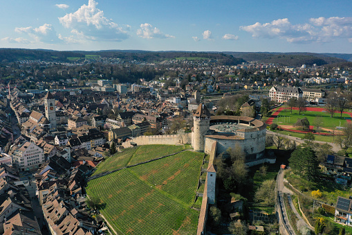 Schaffhausen panoramic view over the old town and the munot tower. The image was captured during summer season.