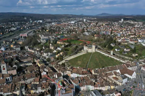 Schaffhausen panoramic view over the old town and the munot tower. The image was captured during summer season.