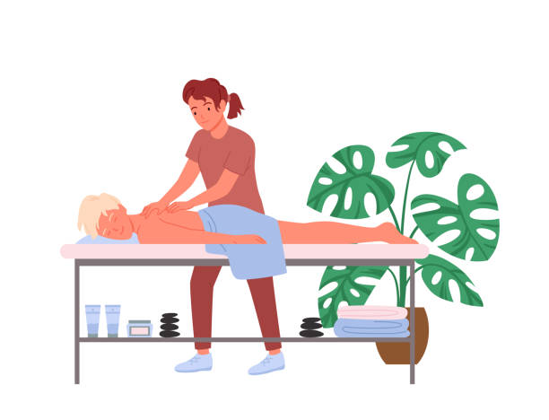 ilustraciones, imágenes clip art, dibujos animados e iconos de stock de terapia de tratamiento de masaje osteópata, trabajo de quiropráctico, médico terapeuta masajeando la columna vertebral - massage therapist massaging sport spa treatment