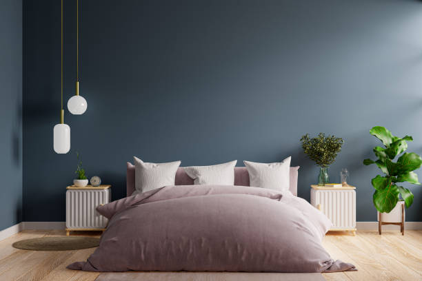 Bedroom interior in dark style,dark blue wall mockup. Bedroom interior in dark style,dark blue wall mockup.3D rendering head board bed blue stock pictures, royalty-free photos & images
