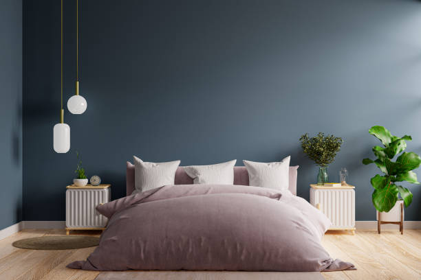 bedroom interior in dark style,dark blue wall mockup. - headboard imagens e fotografias de stock