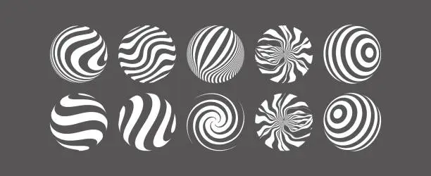 Vector illustration of 3D geometric striped rounded shape. Sphere. Abstract element for print or design. Black and white optical art. 3d vector illustration.