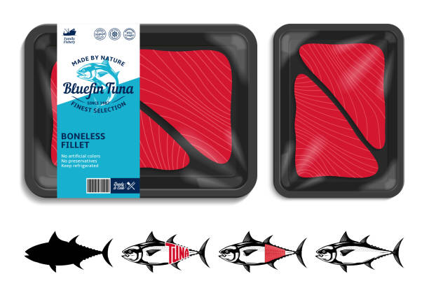 illustrations, cliparts, dessins animés et icônes de illustration d’emballage de thon vectoriel - tuna tuna steak raw bluefin tuna