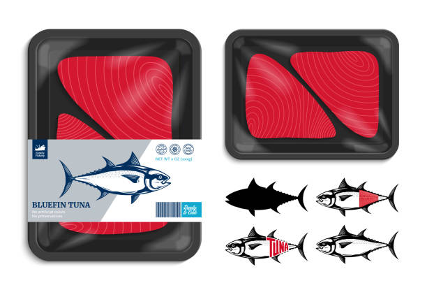illustrations, cliparts, dessins animés et icônes de illustration d’emballage de thon vectoriel - tuna tuna steak raw bluefin tuna