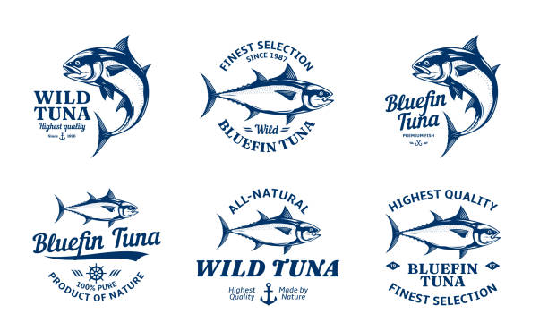 illustrazioni stock, clip art, cartoni animati e icone di tendenza di logo vettoriale del tonno e illustrazioni del pesce - tuna