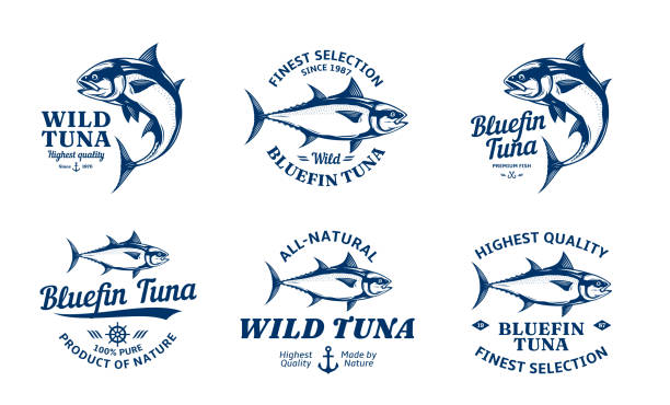 Vector tuna logo and fish illustrations Vector tuna logo and tuna fish illustrations fish farm icon stock illustrations