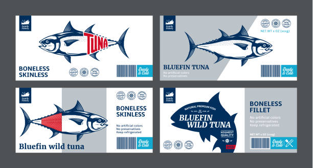 ilustrações de stock, clip art, desenhos animados e ícones de vector tuna labels and tuna fish illustrations - tuna steak tuna prepared ahi meat