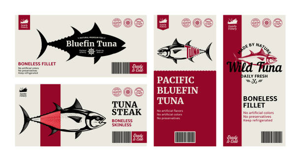 벡터 참치 라벨 및 참치 물고기 일러스트레이션 - tuna prepared ahi food tuna steak stock illustrations