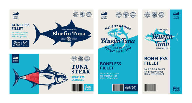 wektorowe etykiety na tuńczyka i ilustracje z tuńczyka - yellowfin tuna obrazy stock illustrations