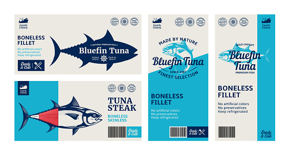 Vector tuna labels and packaging design concepts. Tuna fish illustrations