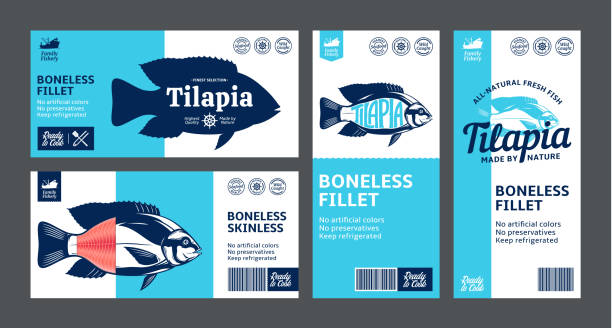 ilustrações de stock, clip art, desenhos animados e ícones de vector tilapia labels and tilapia fish illustrations - fish seafood prepared fish nautical vessel