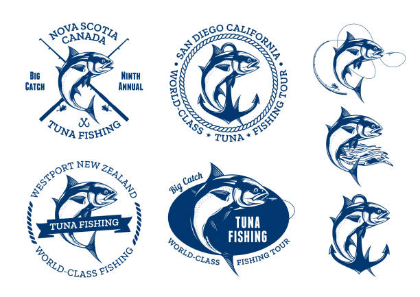 Tuna fishing logo and design elements Vector tuna fishing badges with jumping tuna fish, fishing rod, line and hook fishing industry illustrations stock illustrations