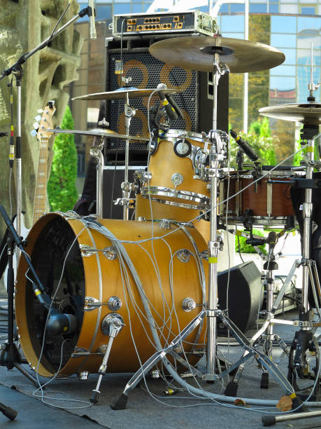 istock Concert stage: musical instruments, drums, amplifiers, speakers, microphones, cables 1341272553
