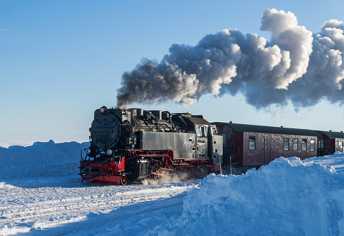 Historical steam train on Brocken mountain, Harz Mountain, Sachsen-Anhalt, Germany