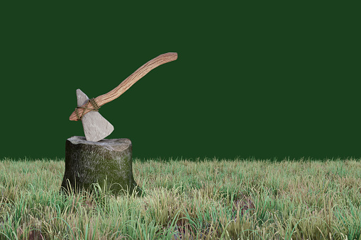 Handmade diy hatchet / axe survival concept. 3D Illustration