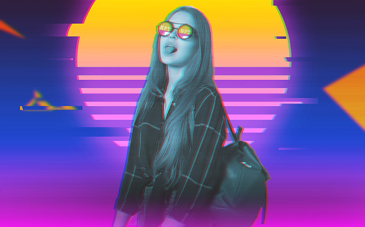 Non fungible tokens concept. Girl in sunglasses against the backdrop of a bright digital sun. Modern art concept