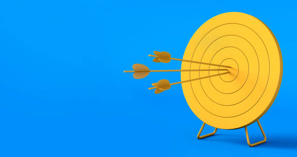 yellow duotone dartboard on blue background. 3d illustration. - dartboard darts arrow sign target imagens e fotografias de stock