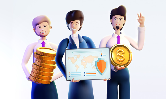 3D rendering illustration. Happy business people, bankers and business man holding golden coins and bank card as symbol of success. Happy business people ready to help and work together