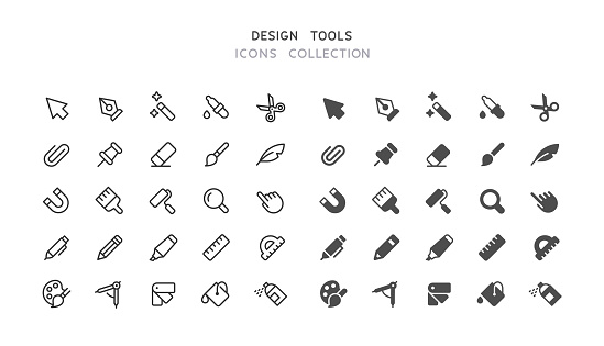 Set of design tools vector icons. Line and flat design. Editable line stroke.