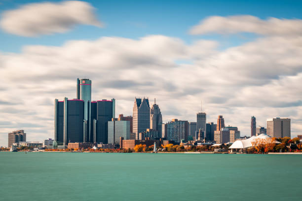Detroit, Michigan, USA on the Detroit River stock photo