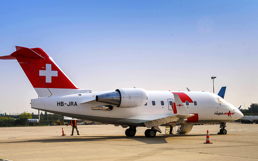 Verona, Italy - September 2018: Swiss registered Air ambulance executive jet operated by Rega at Verona airport